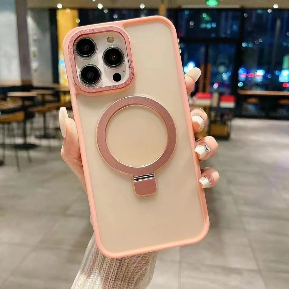 iPhone 15 Pro Max MagSafe Ring Stand Case With Glass Screen Protector, Pink